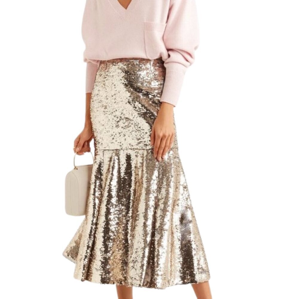 Emilia Wickstead Gold Sequin Midi Skirt Size 8
